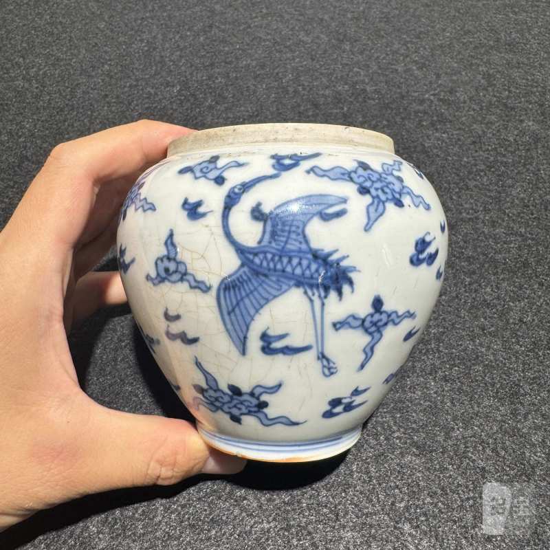 明成化 青花云鹤纹盖罐 - 图2